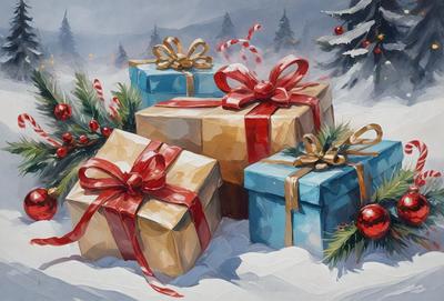 The primary subject of the image is a group of three wrapped presents, sitting on a snowy surface. The setting is a winter scene with snow-covered trees in the background. The visual style is a painting, with a vibrant color palette that includes red, blue, and white. The overall atmosphere is festive and joyful, as the presents are a symbol of the holiday season.